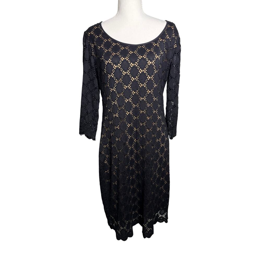 Ronni Nicole Black Lace A-Line Dress Nude Lining 3/4 Sleeve Size 10